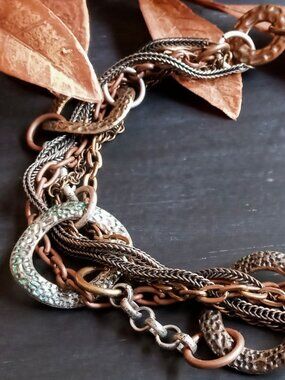 Vintage Copper Bronze Silver Round Link Multi-Chain Heavy Metal Rustic Necklace
